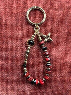 New BEADED Bag Charm Murano, Red Black Gold Tone